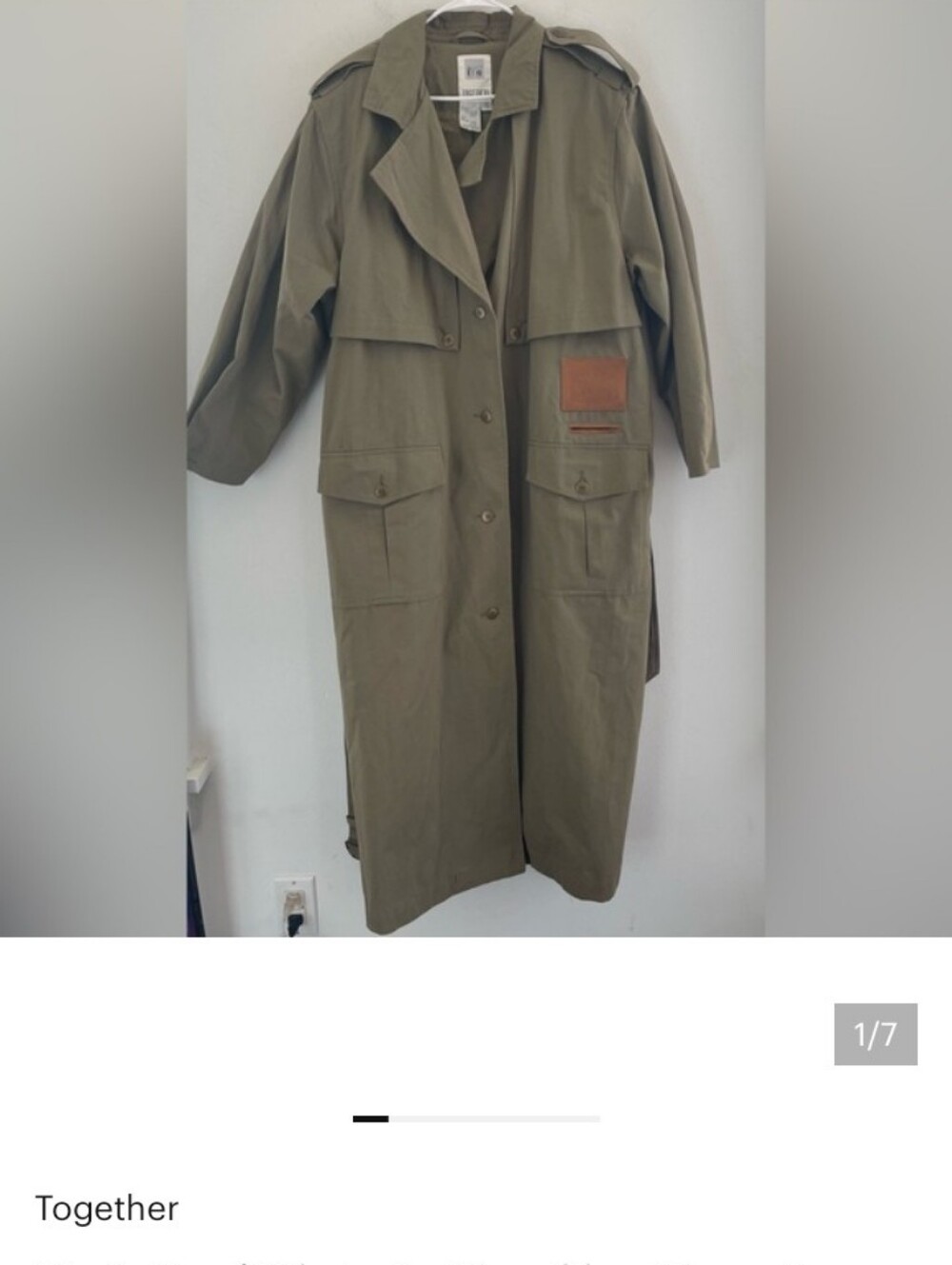 Together Vintage Olive Green Long Trench Coat with Brown Patch. Missy 10